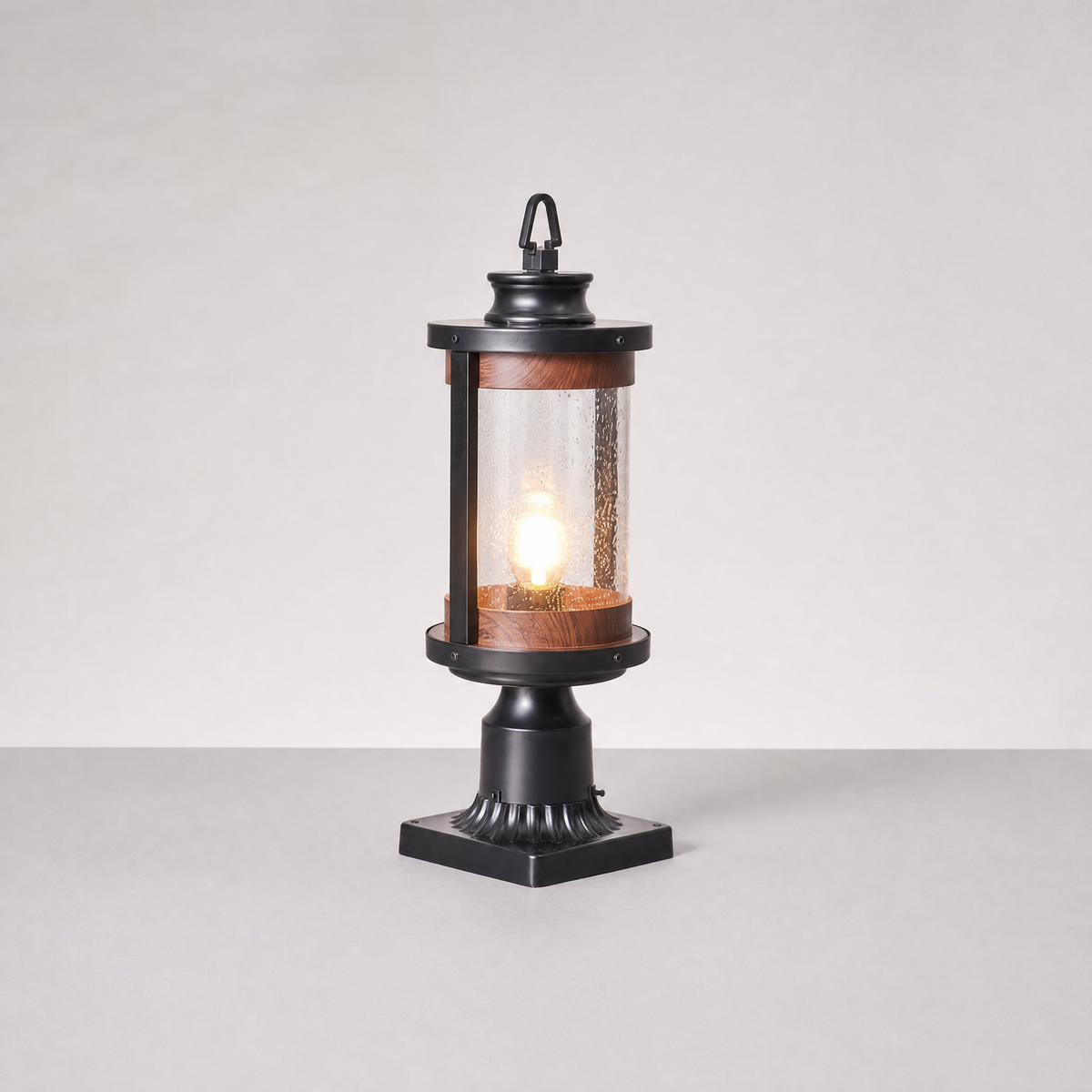 Farmhouse Matte Black Wood Grain Seeded Glass Pier Mount Light