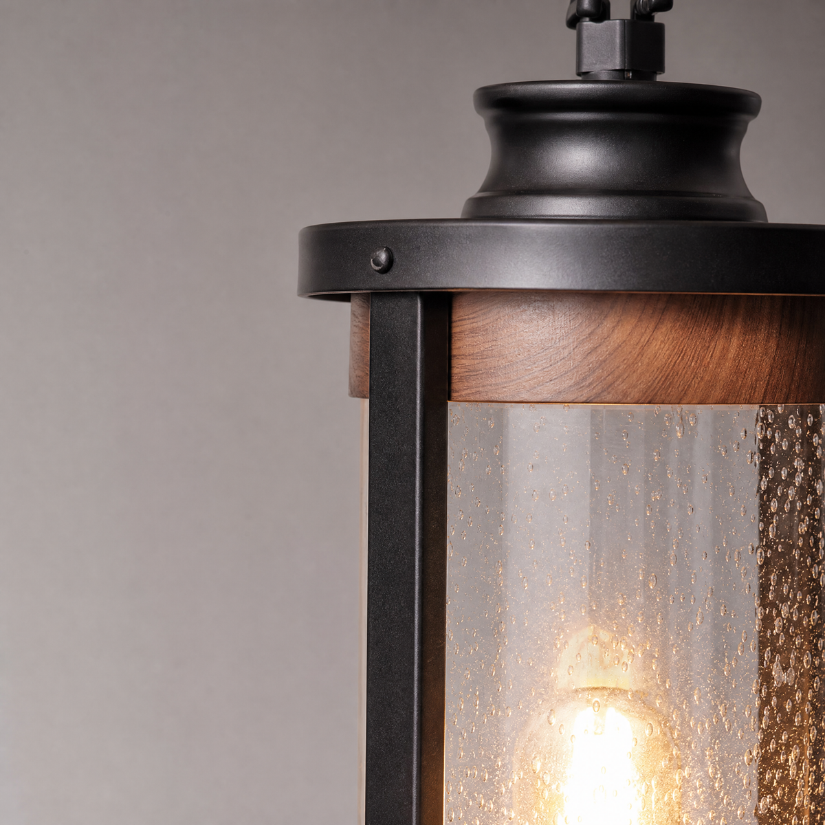 Farmhouse Matte Black Wood Grain Seeded Glass Pier Mount Light