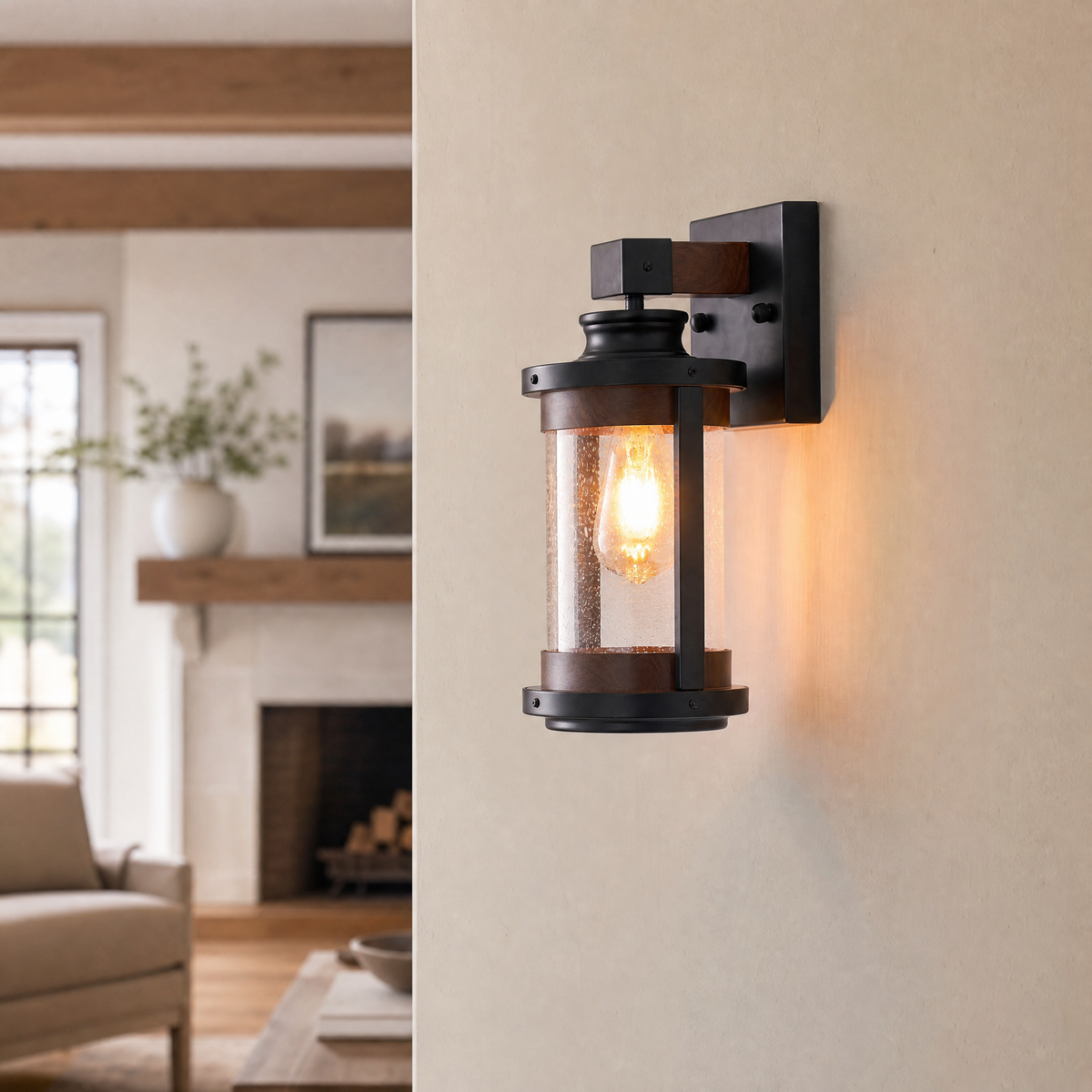 Farmhouse Matte Black Wood Grain Seeded Glass Wall Lantern