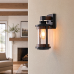 Farmhouse Matte Black Wood Grain Seeded Glass Wall Lantern