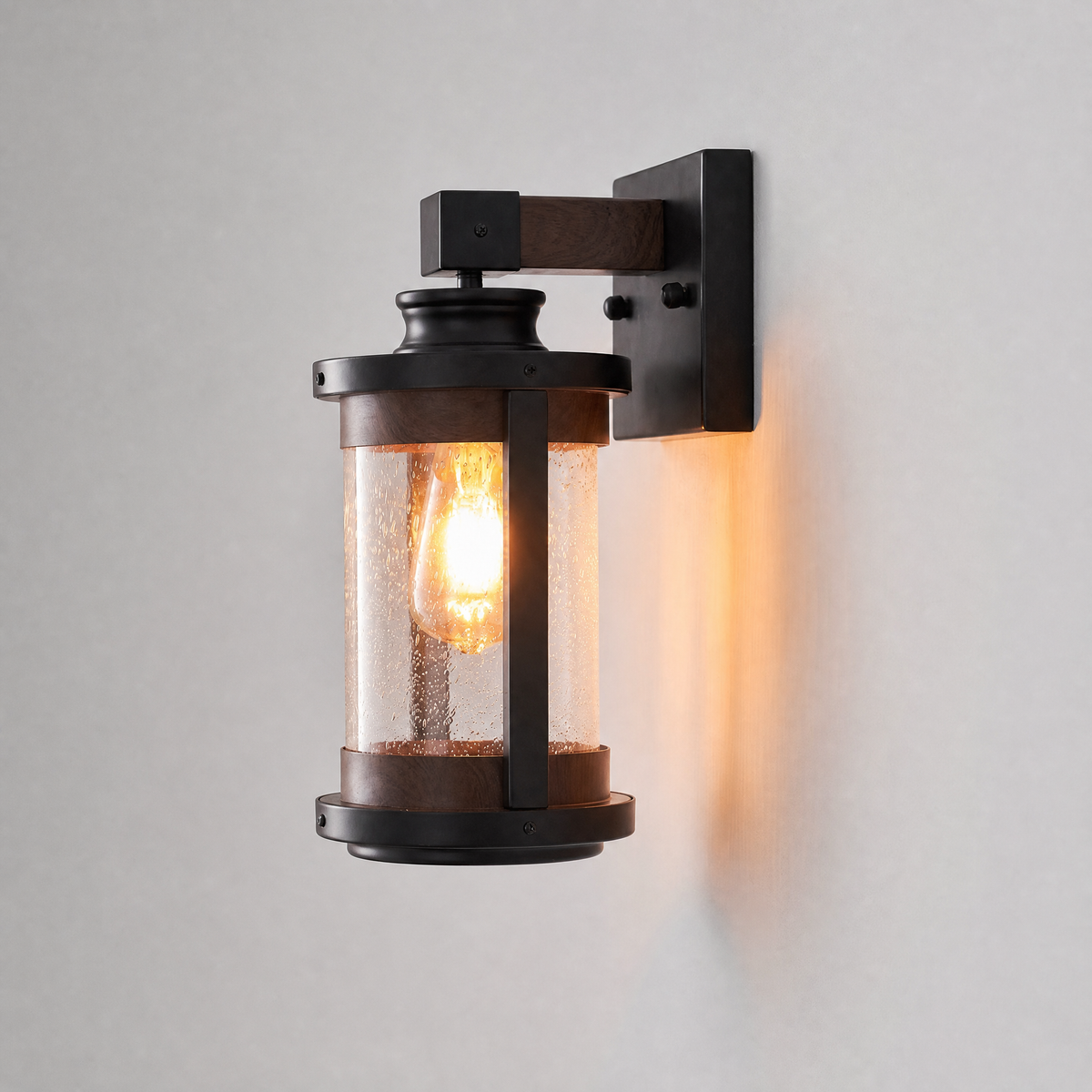 Farmhouse Matte Black Wood Grain Seeded Glass Wall Lantern