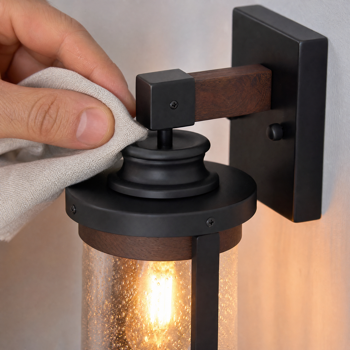 Farmhouse Matte Black Wood Grain Seeded Glass Wall Lantern