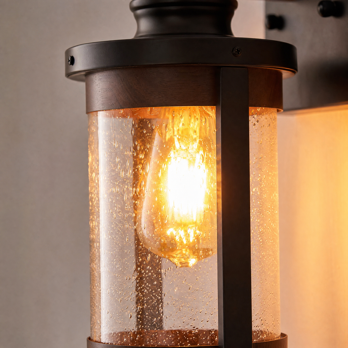 Farmhouse Matte Black Wood Grain Seeded Glass Wall Lantern