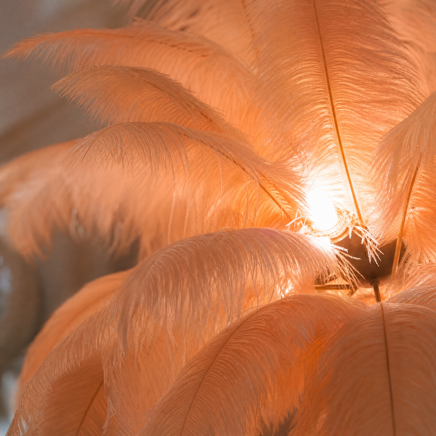 A blush pink feather pendant chandelier with a gold metal stem and circular tiered frame hangs in a bright interior space.