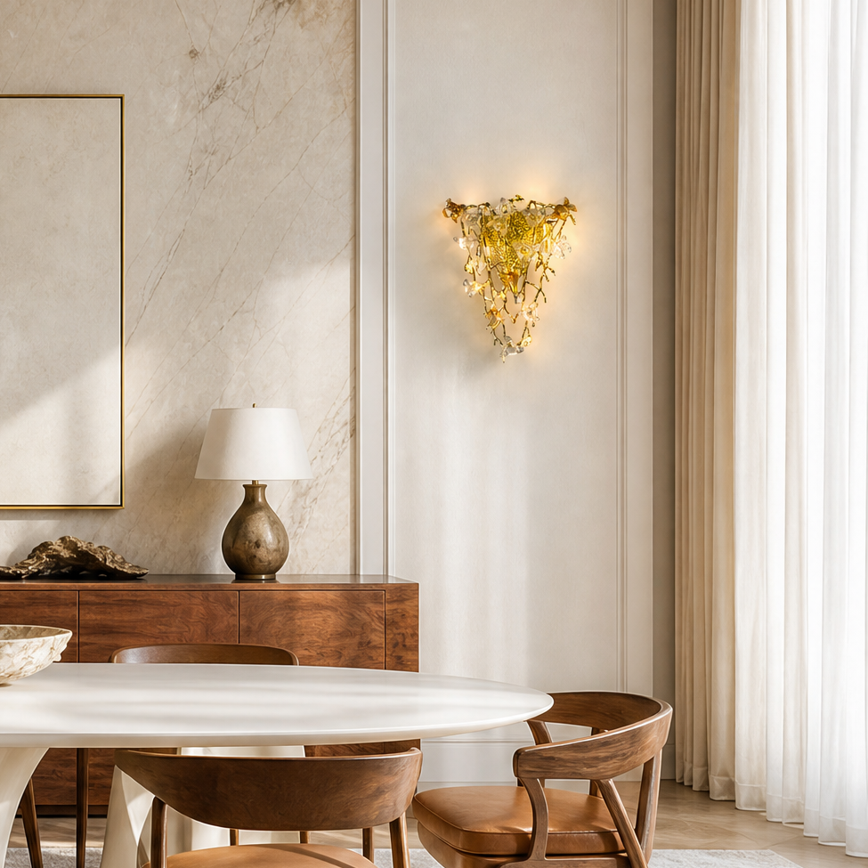A gold metal wall sconce features a floral vine design with amber glass accents mounted on a wall.