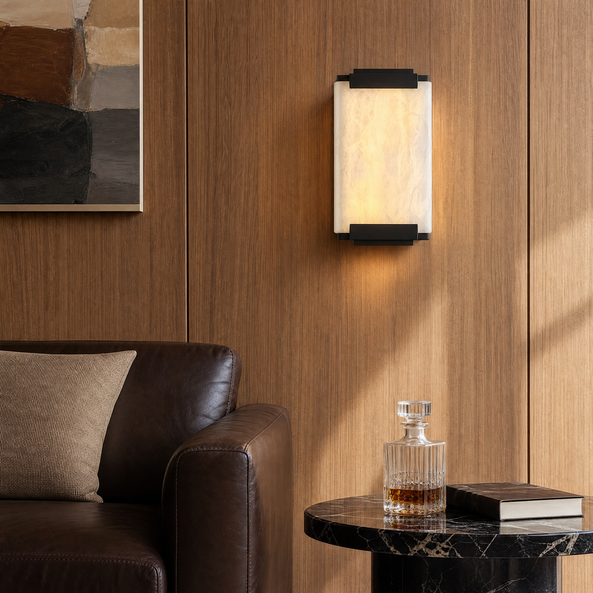 Framed Slab Corner Bracket Alabaster Wall Sconce