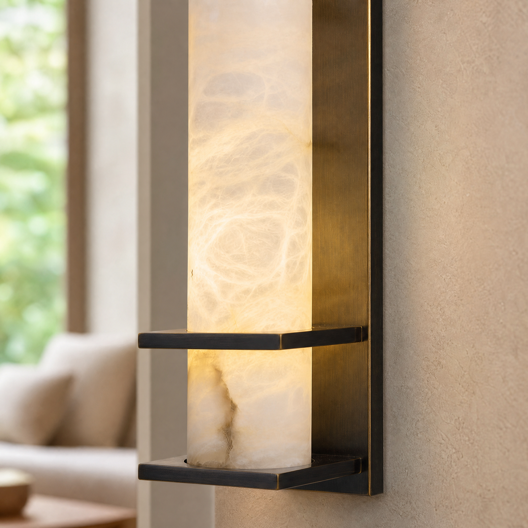 Framed Slab Vertical Column Alabaster Wall Sconce