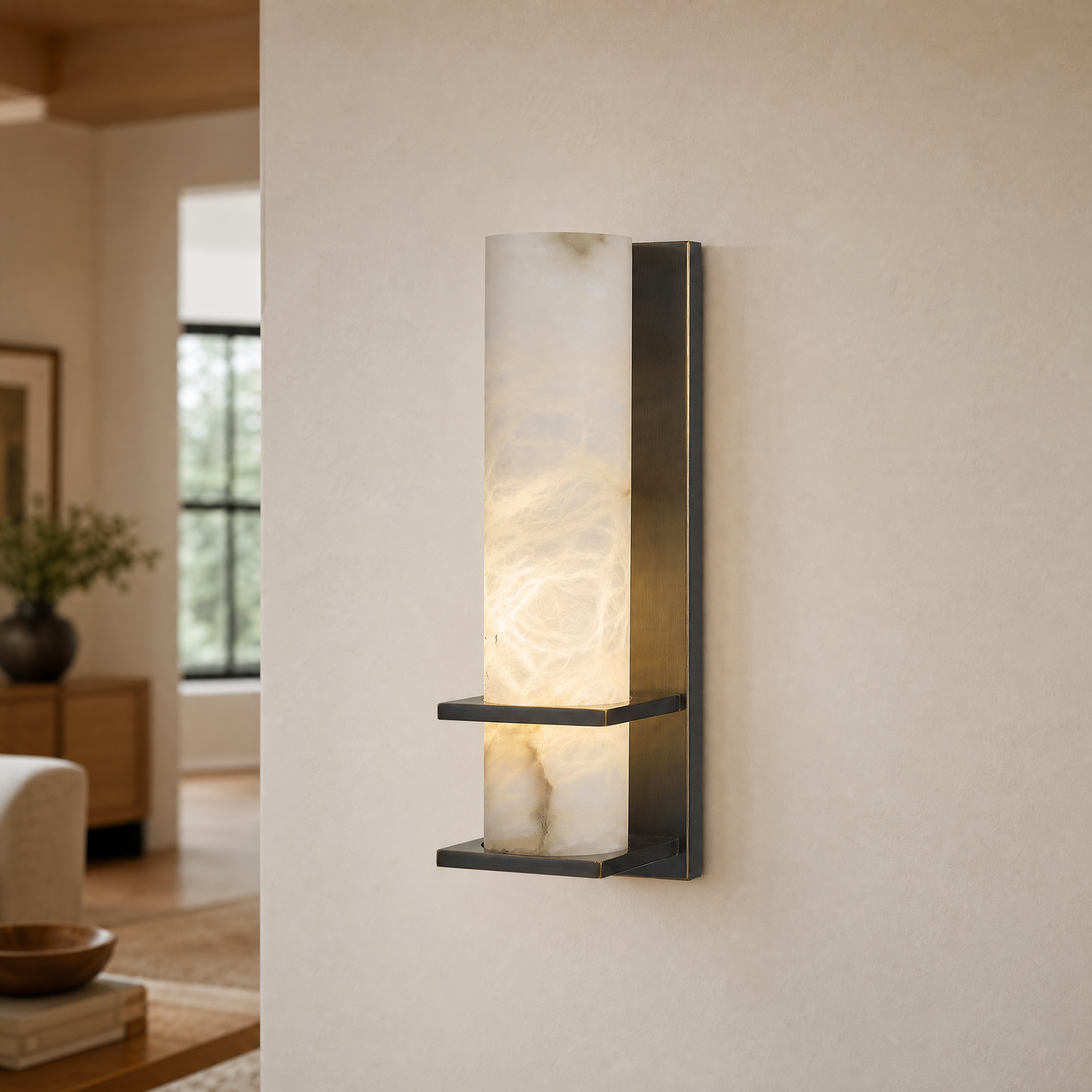 Framed Slab Vertical Column Alabaster Wall Sconce