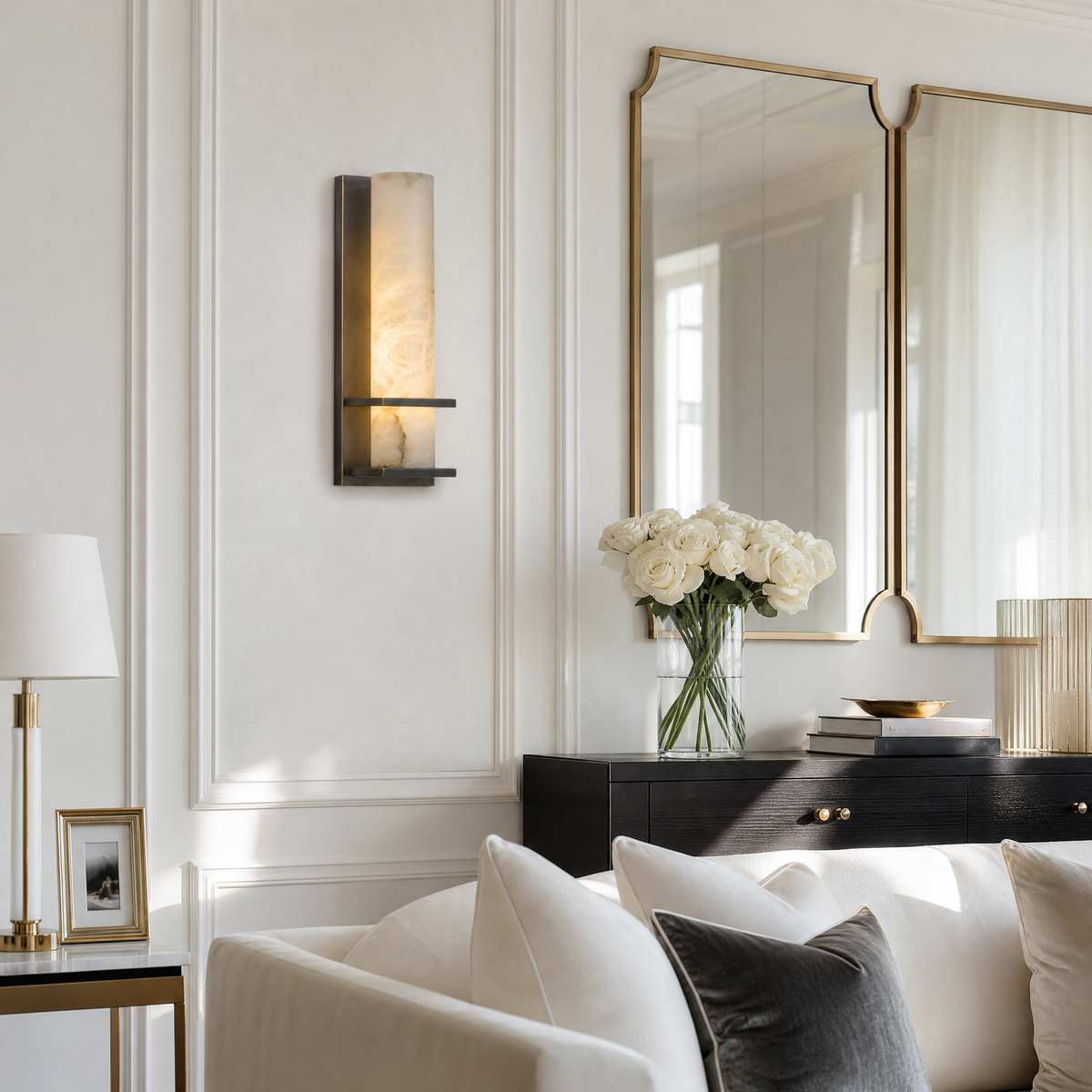 Framed Slab Vertical Column Alabaster Wall Sconce