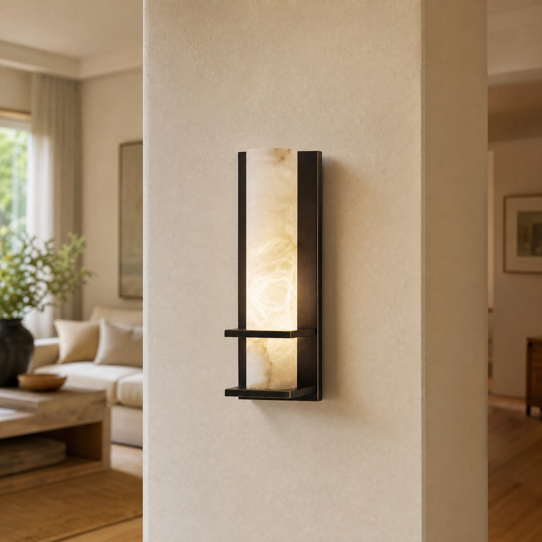 Framed Slab Vertical Column Alabaster Wall Sconce