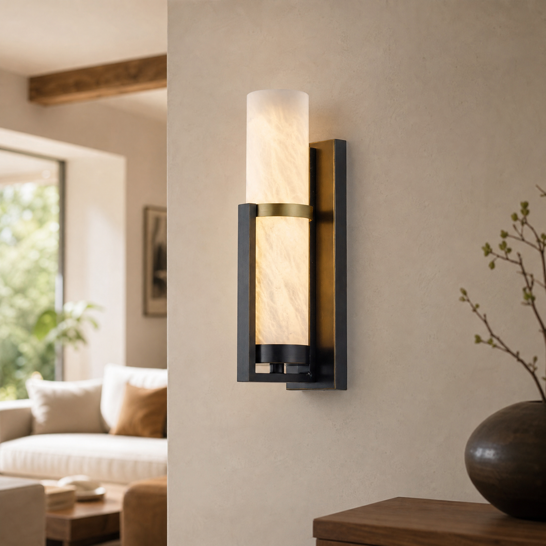 Framed Slab Vertical Column Alabaster Wall Sconce