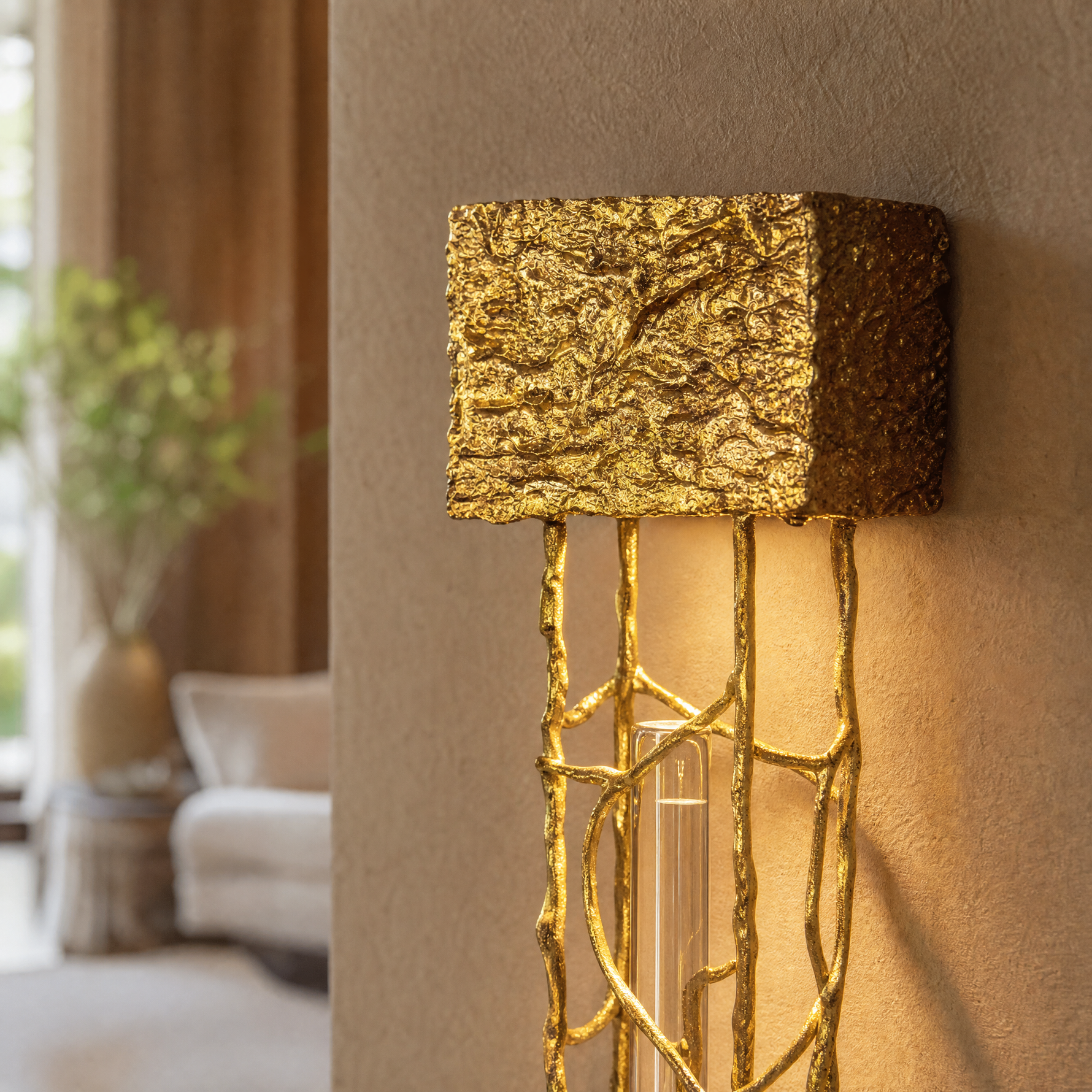 A contemporary wall sconce with a sculptural gilded gold branch frame and a single vertical crystal drop on a rectangular