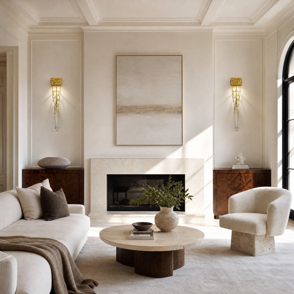 A contemporary wall sconce with a sculptural gilded gold branch frame and a single vertical crystal drop on a rectangular