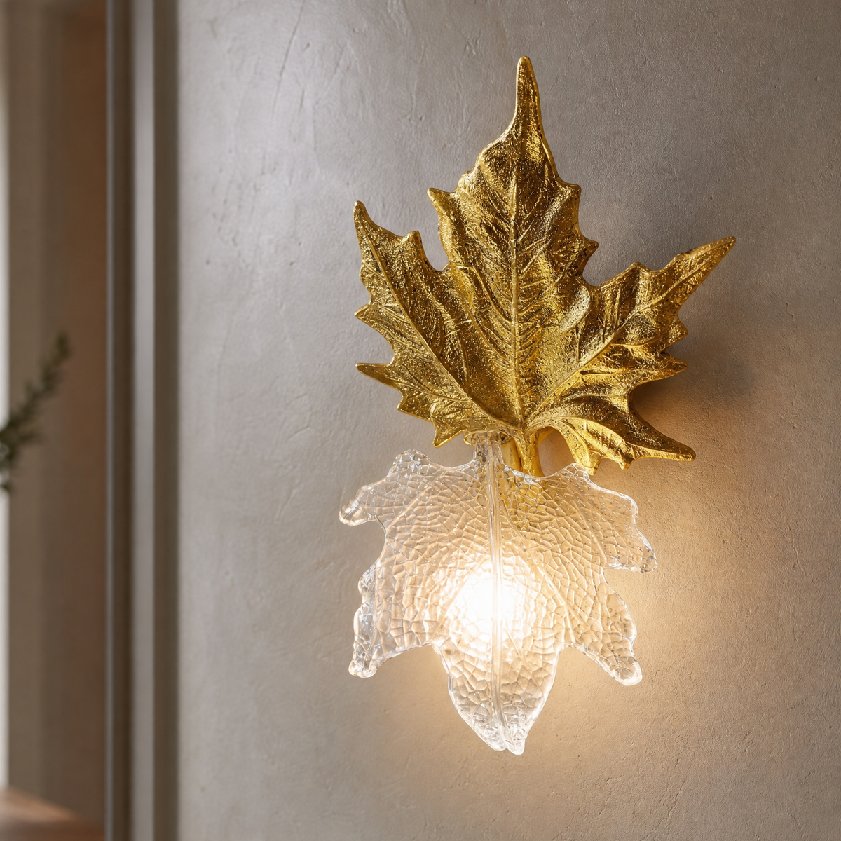 Gilded Maple Leaf Metal Wall Sconce with Textured Glass Shade