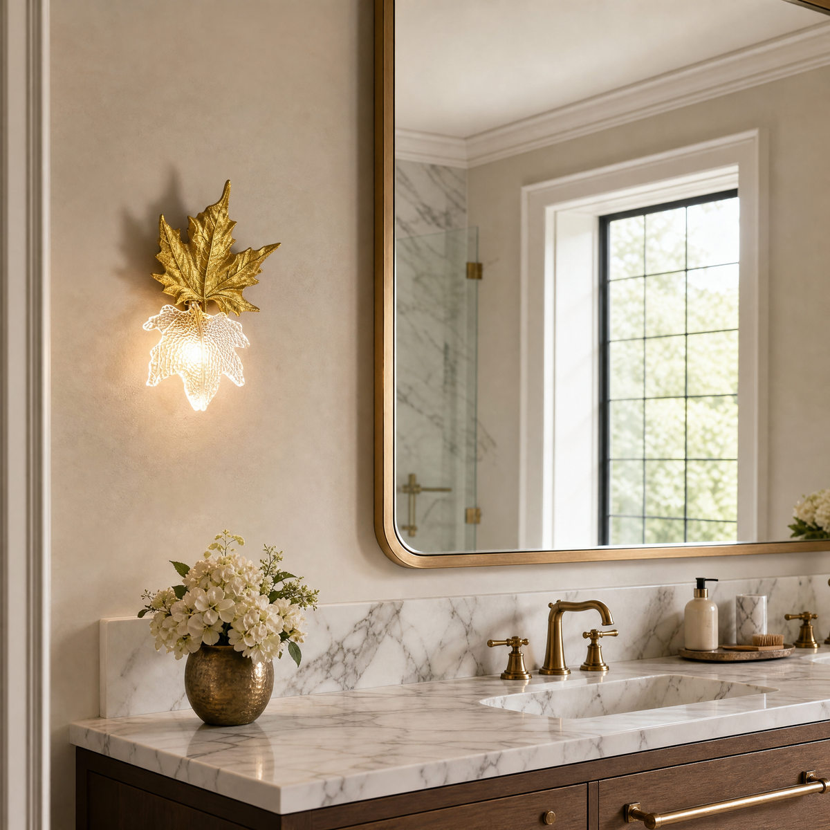 Gilded Maple Leaf Metal Wall Sconce with Textured Glass Shade