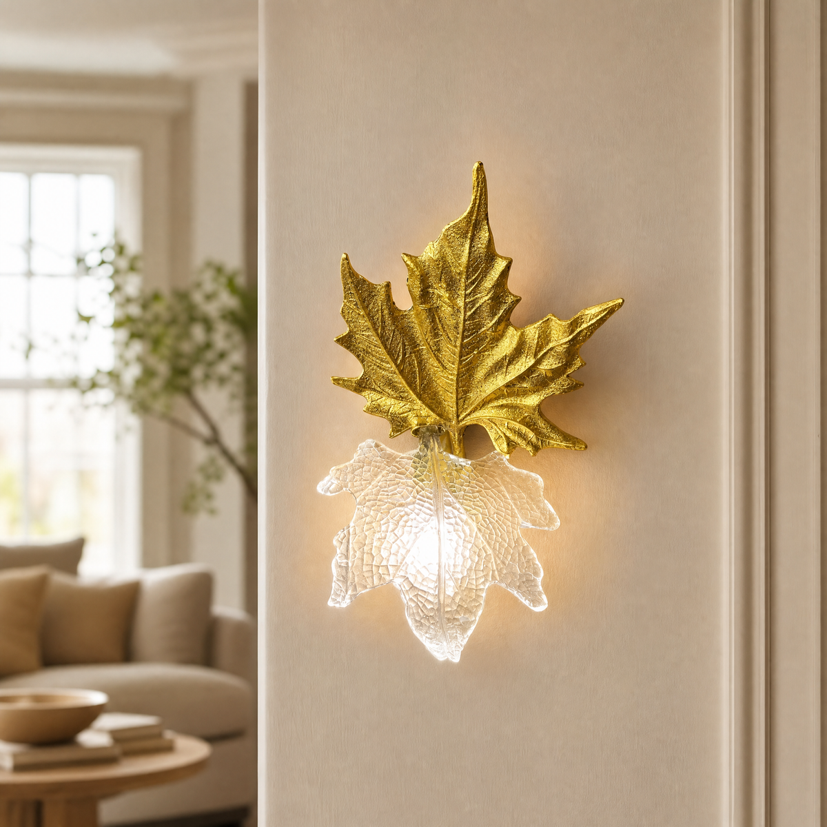 A decorative wall sconce featuring a gilded gold maple leaf backplate and a textured clear glass shade.
