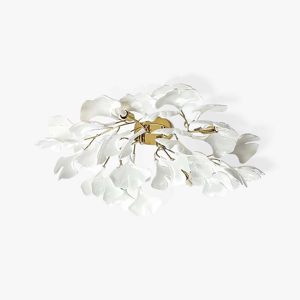 Elegant Gold Ginkgo Leaf Ceiling Lamp with White Ceramic Shades