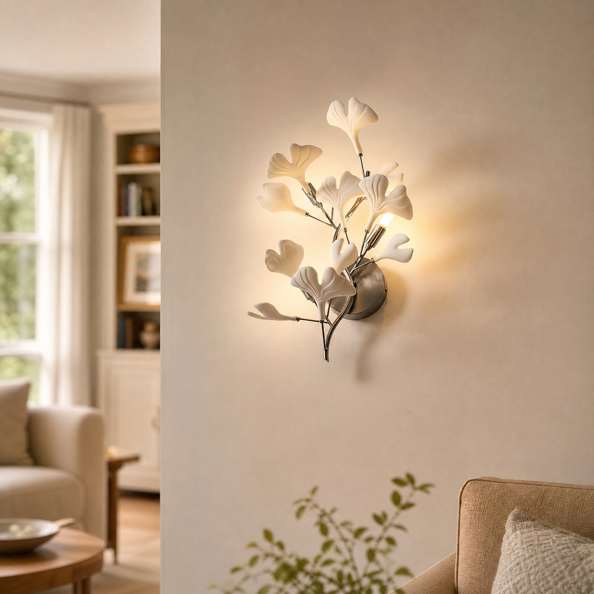 Ginkgo Leaf Ceramic Wall Sconce for Bedroom Hallway Living Room
