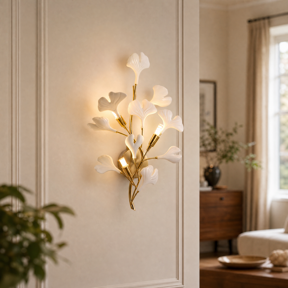 Ginkgo Leaf Ceramic Wall Sconce for Bedroom Hallway Living Room