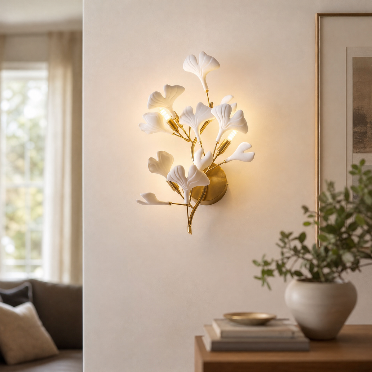 Ginkgo Leaf Ceramic Wall Sconce for Bedroom Hallway Living Room