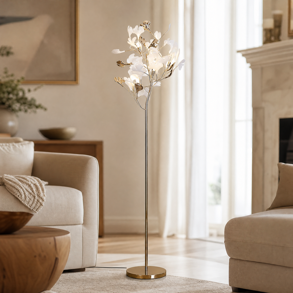 Ginkgo Leaf Floor Lamp with Ceramic Leaves and Gold Branch Stem
