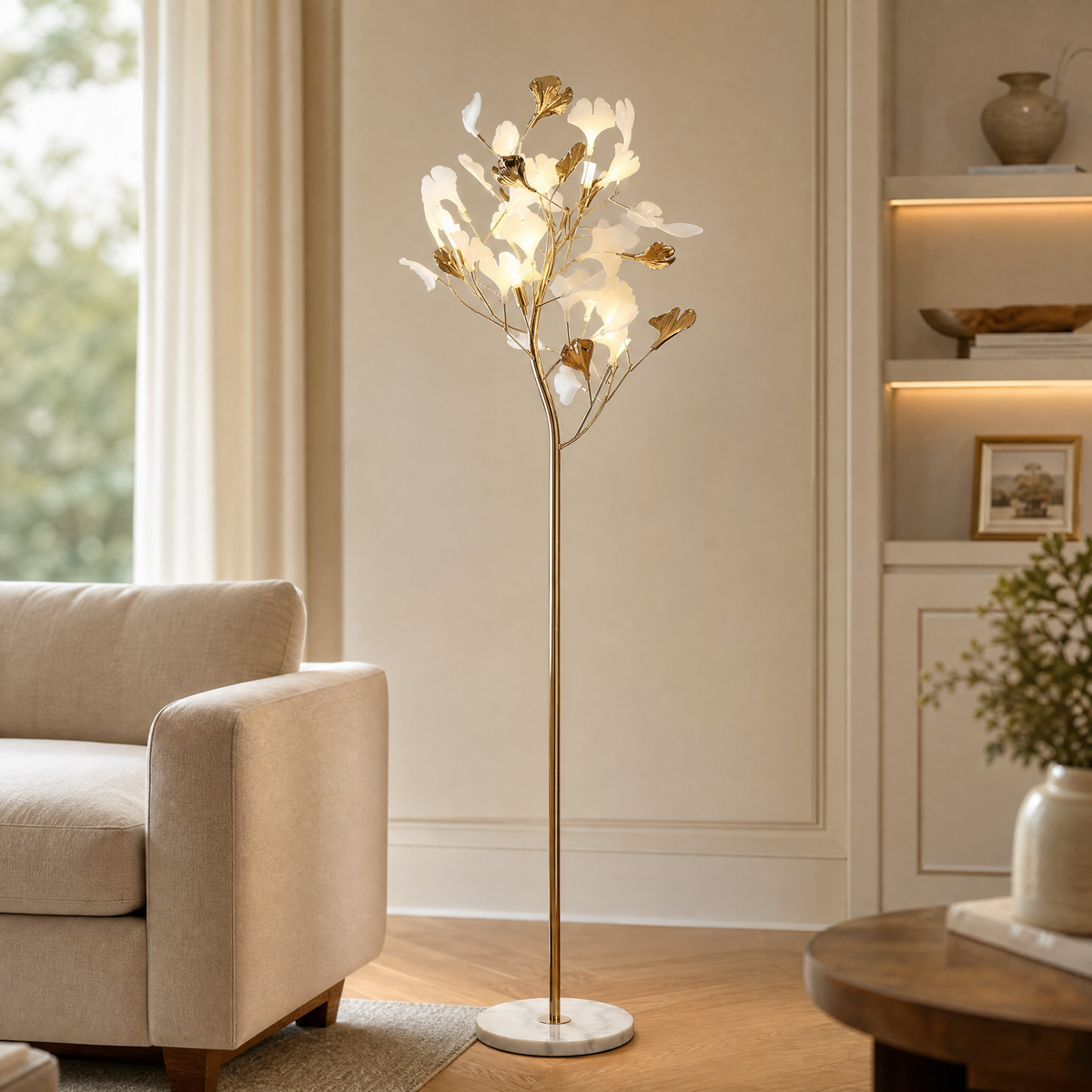 Ginkgo Leaf Floor Lamp with Ceramic Leaves and Gold Branch Stem