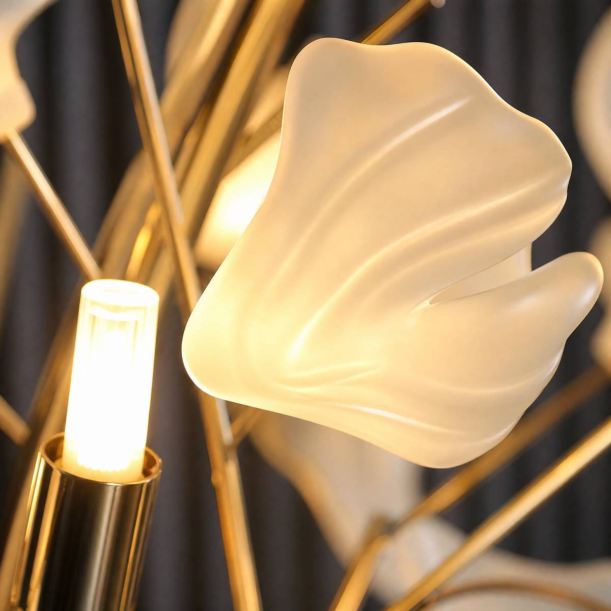 Ginkgo Leaf Floor Lamp with Ceramic Leaves and Gold Branch Stem