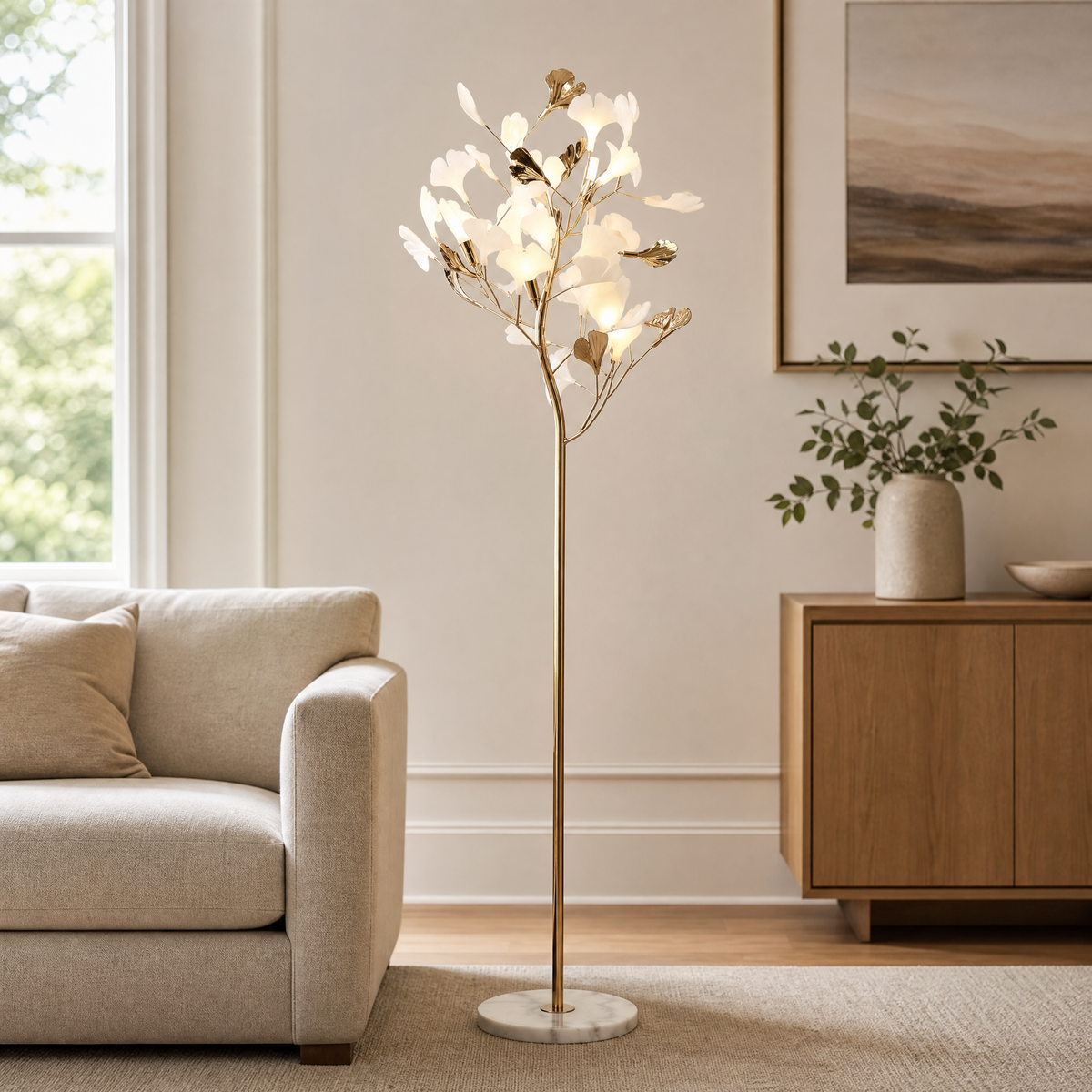 Ginkgo Leaf Floor Lamp with Ceramic Leaves and Gold Branch Stem