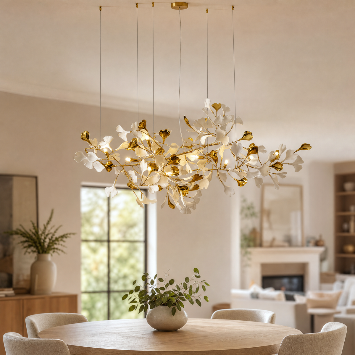 Ginkgo Leaf Linear Chandelier with Mixed Ceramic Leaves for Dining Room Kitchen Island