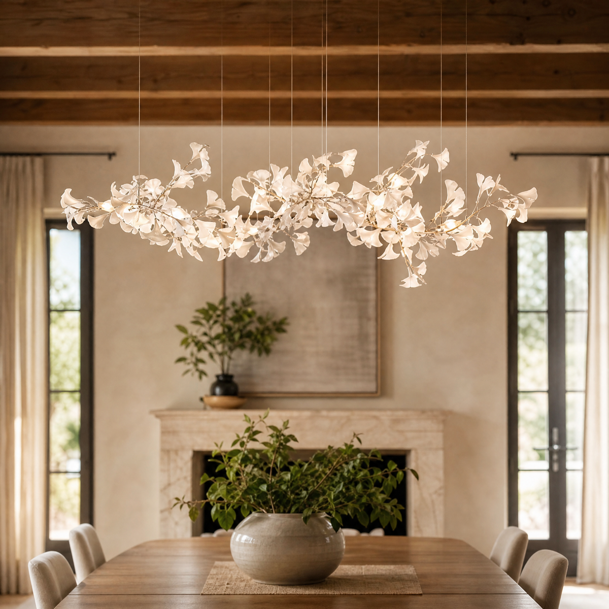 Ginkgo Leaf Linear Chandelier with Mixed Ceramic Leaves for Dining Room Kitchen Island