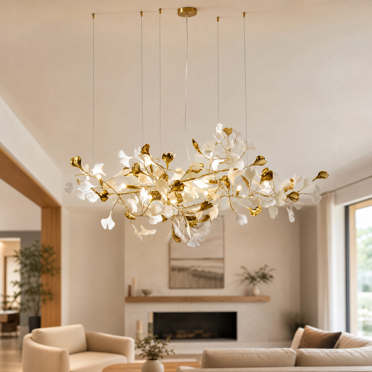 Ginkgo Leaf Linear Chandelier with Mixed Ceramic Leaves for Dining Room Kitchen Island
