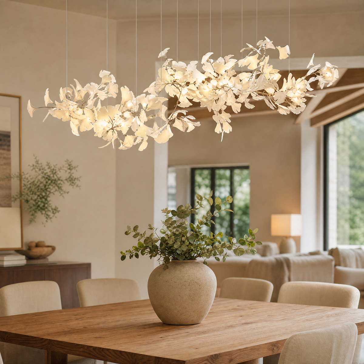 Ginkgo Leaf Linear Chandelier with Mixed Ceramic Leaves for Dining Room Kitchen Island