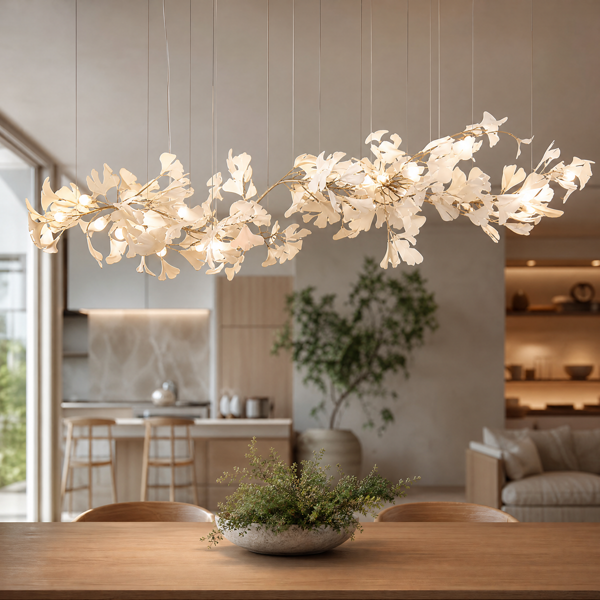 Ginkgo Leaf Linear Chandelier with Mixed Ceramic Leaves for Dining Room Kitchen Island