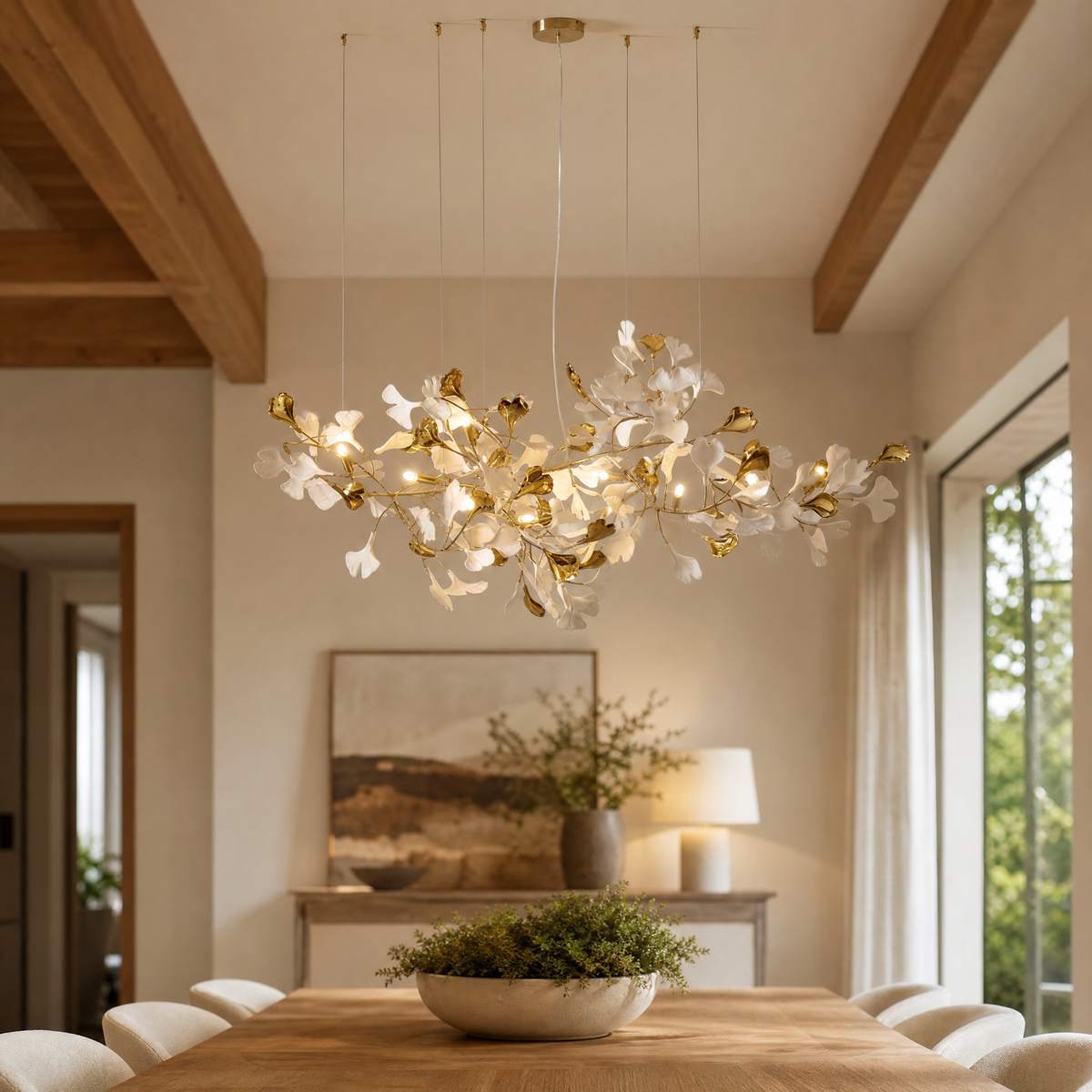 Ginkgo Leaf Linear Chandelier with Mixed Ceramic Leaves for Dining Room Kitchen Island