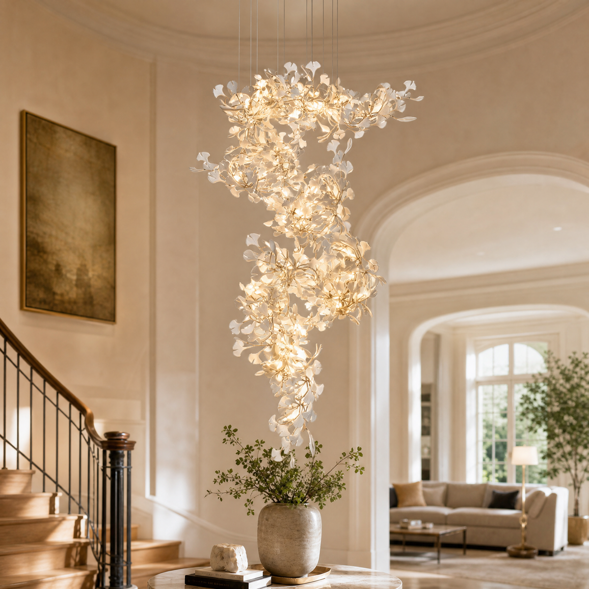 Ginkgo Swirl Ceramic Leaf Chandelier for Foyer Staircase High Ceilings