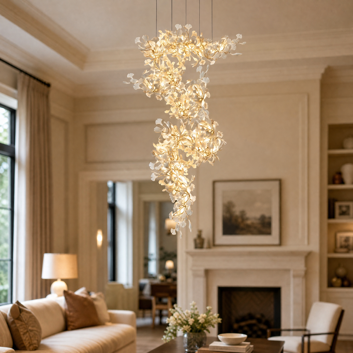 Ginkgo Swirl Ceramic Leaf Chandelier for Foyer Staircase High Ceilings