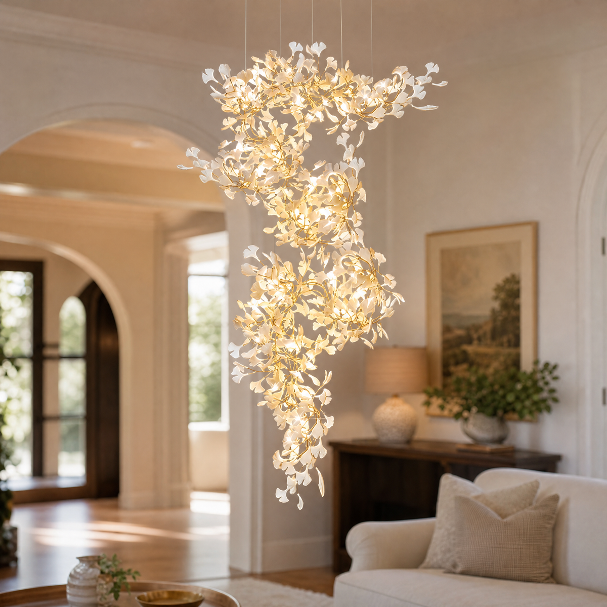 Ginkgo Swirl Ceramic Leaf Chandelier for Foyer Staircase High Ceilings