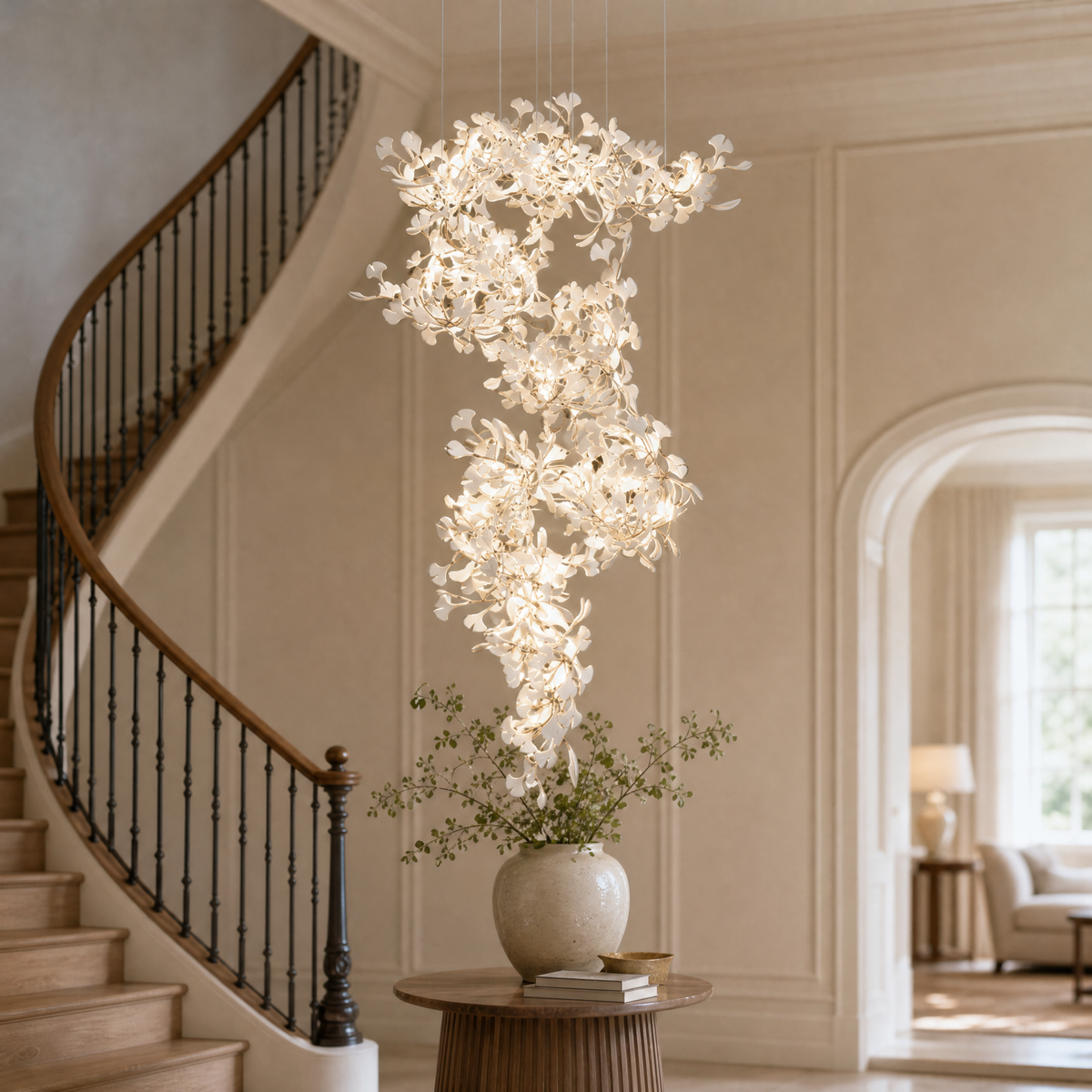 Ginkgo Swirl Ceramic Leaf Chandelier for Foyer Staircase High Ceilings