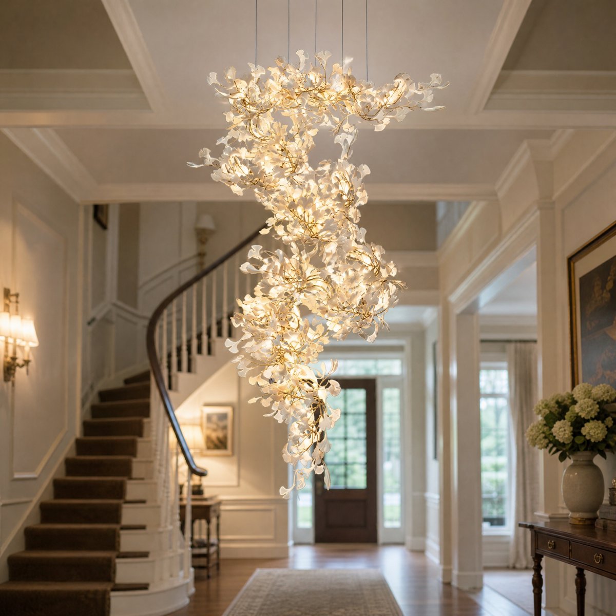 Ginkgo Swirl Ceramic Leaf Chandelier for Foyer Staircase High Ceilings