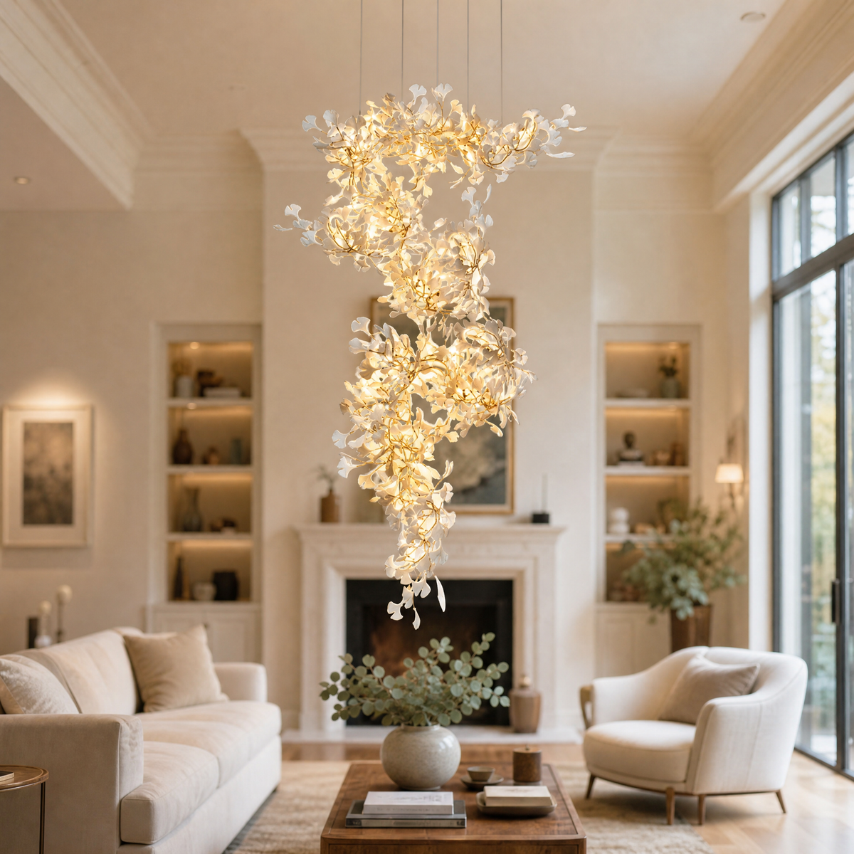 Ginkgo Swirl Ceramic Leaf Chandelier for Foyer Staircase High Ceilings