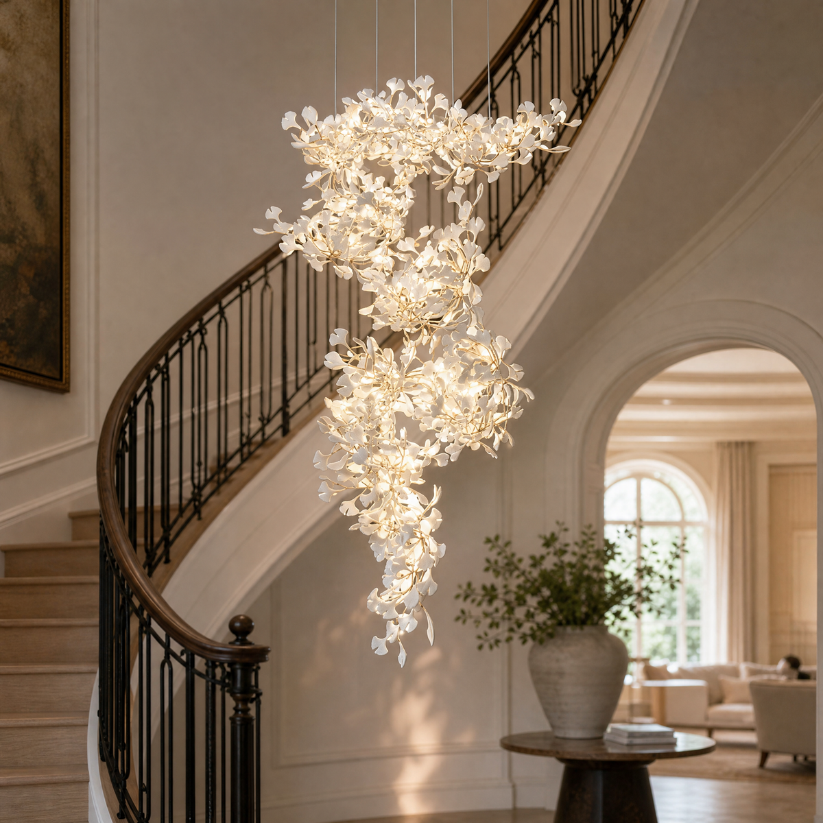 Ginkgo Swirl Ceramic Leaf Chandelier for Foyer Staircase High Ceilings