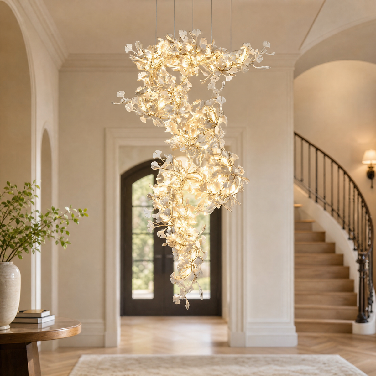 Ginkgo Swirl Ceramic Leaf Chandelier for Foyer Staircase High Ceilings
