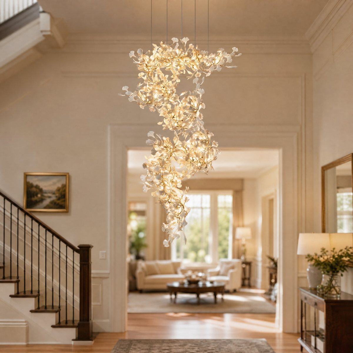 Ginkgo Swirl Ceramic Leaf Chandelier for Foyer Staircase High Ceilings