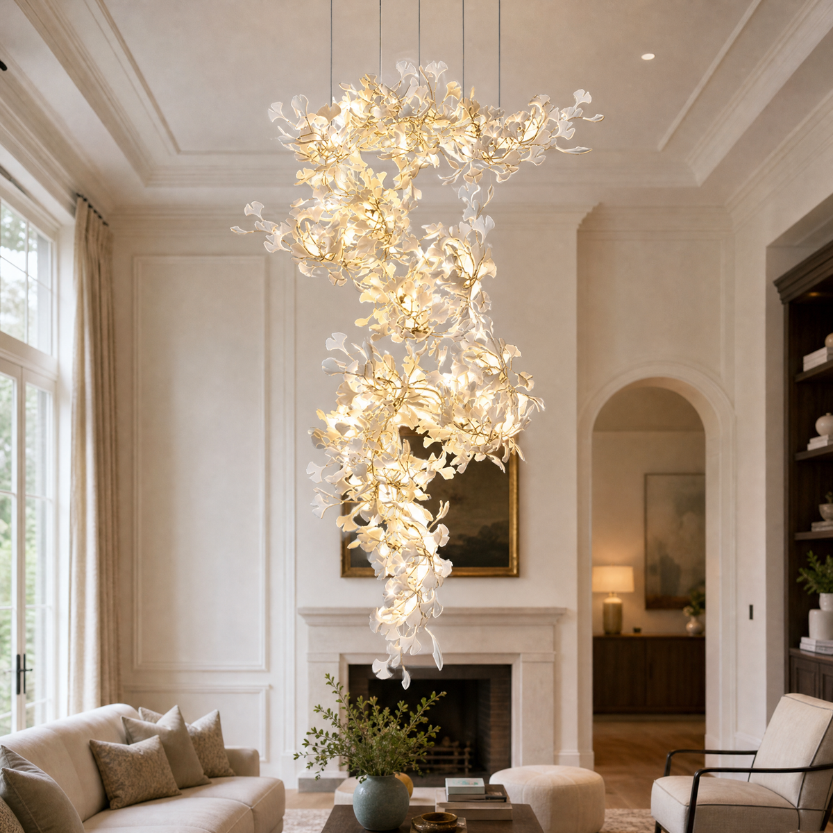 Ginkgo Swirl Ceramic Leaf Chandelier for Foyer Staircase High Ceilings