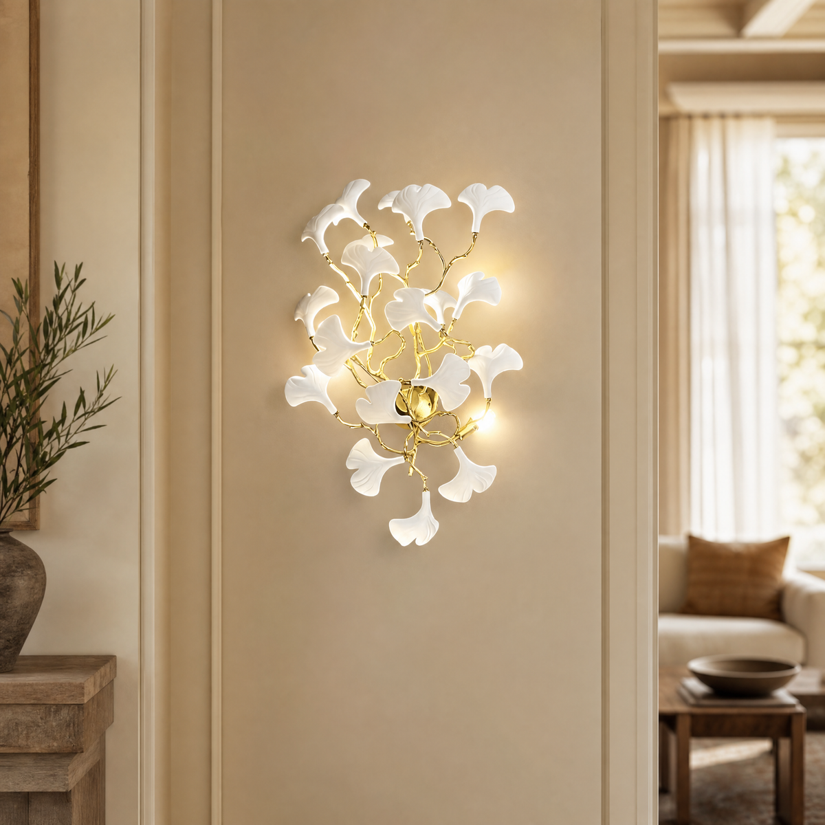 A wall sconce featuring white ceramic ginkgo leaf shades attached to a polished brass metal frame.