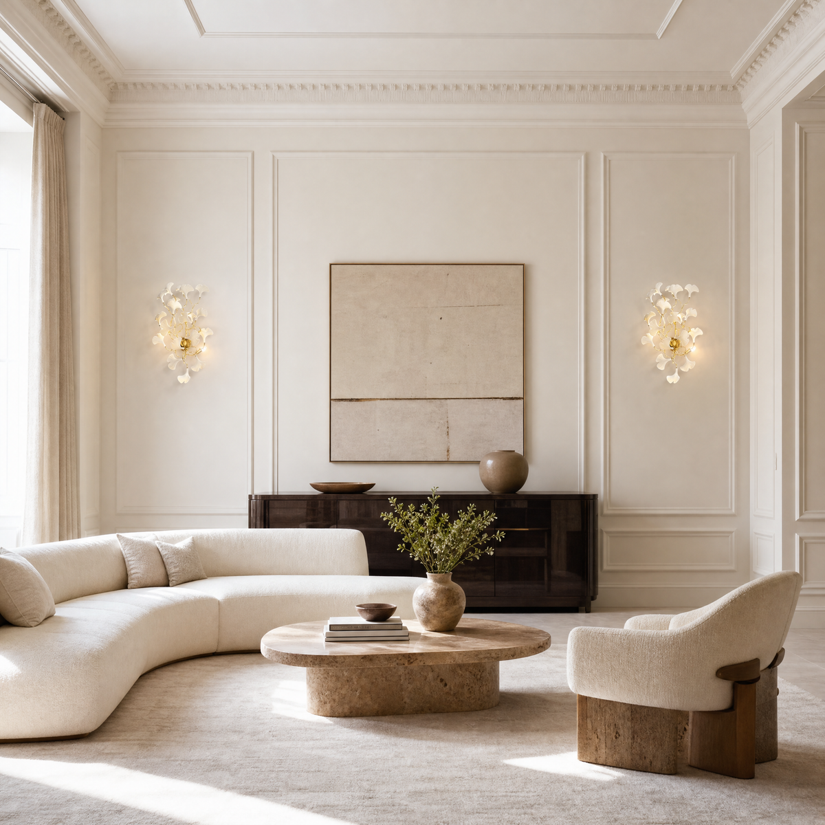 A wall sconce featuring white ceramic ginkgo leaf shades attached to a polished brass metal frame.