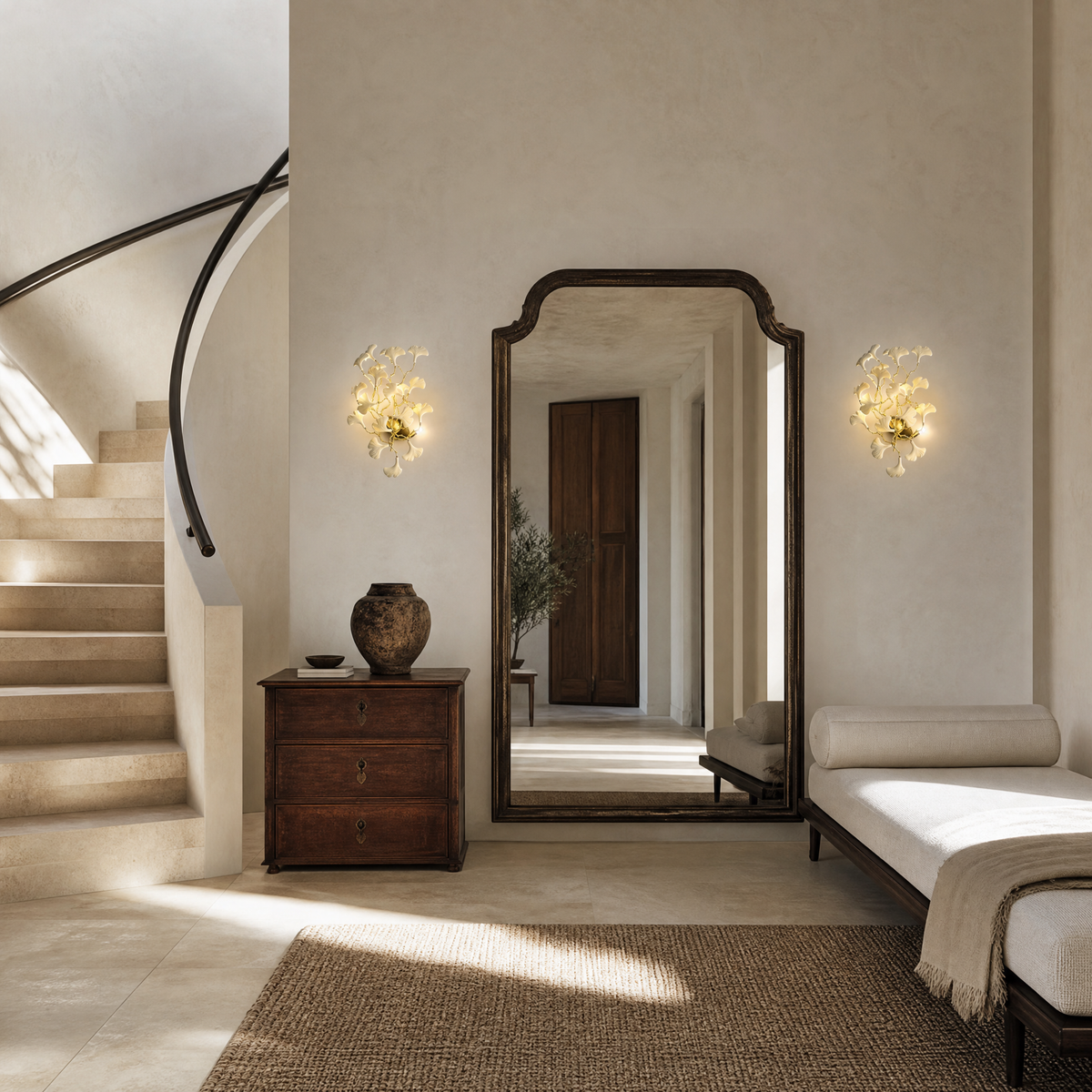A wall sconce featuring white ceramic ginkgo leaf shades attached to a polished brass metal frame.