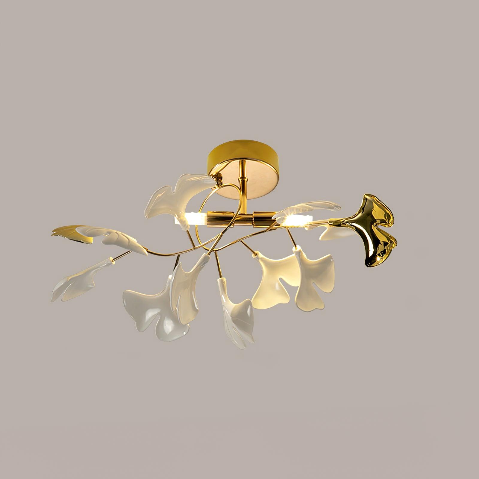 Elegant Gold Ginkgo Leaf Ceiling Lamp with White Ceramic Shades