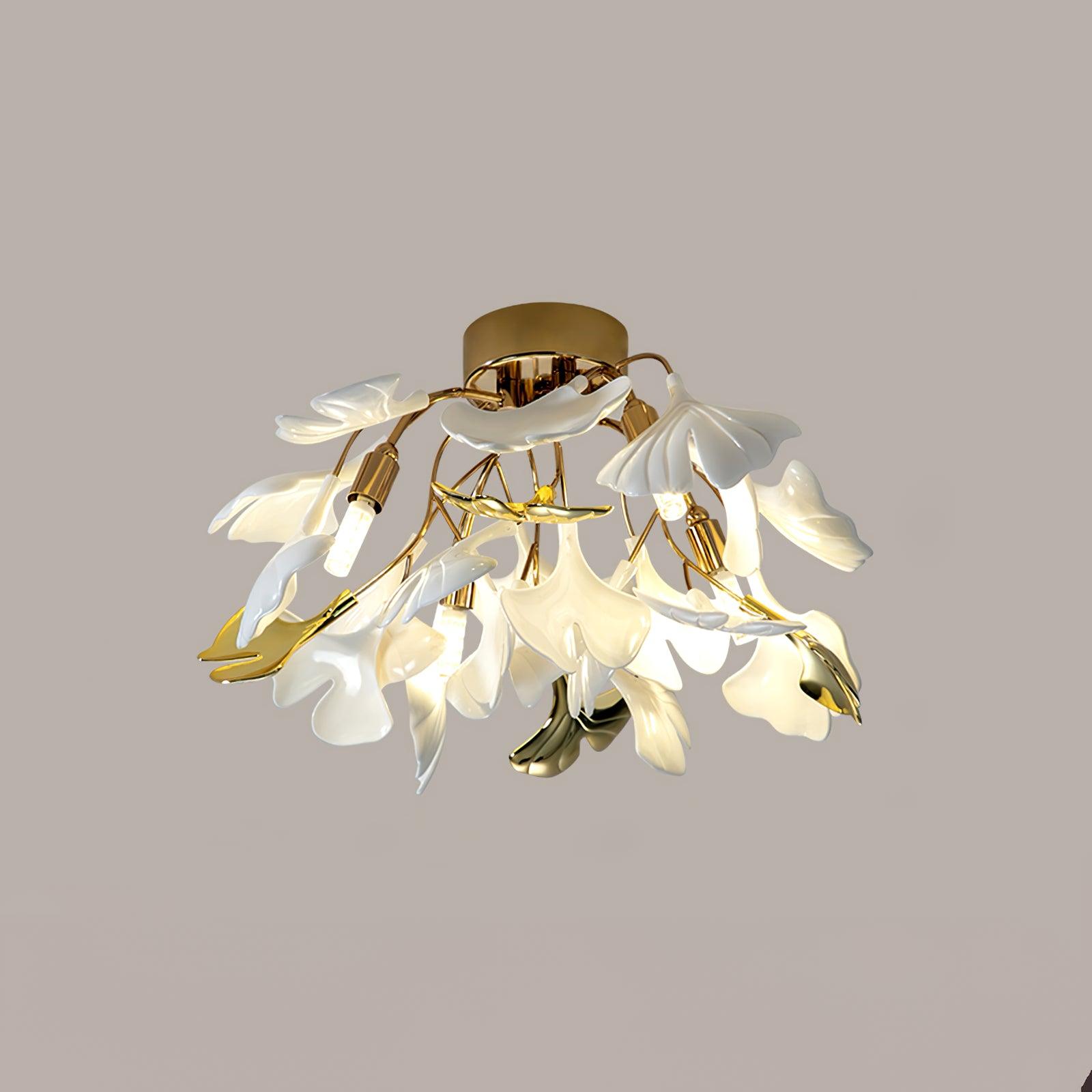 Elegant Gold Ginkgo Leaf Ceiling Lamp with White Ceramic Shades