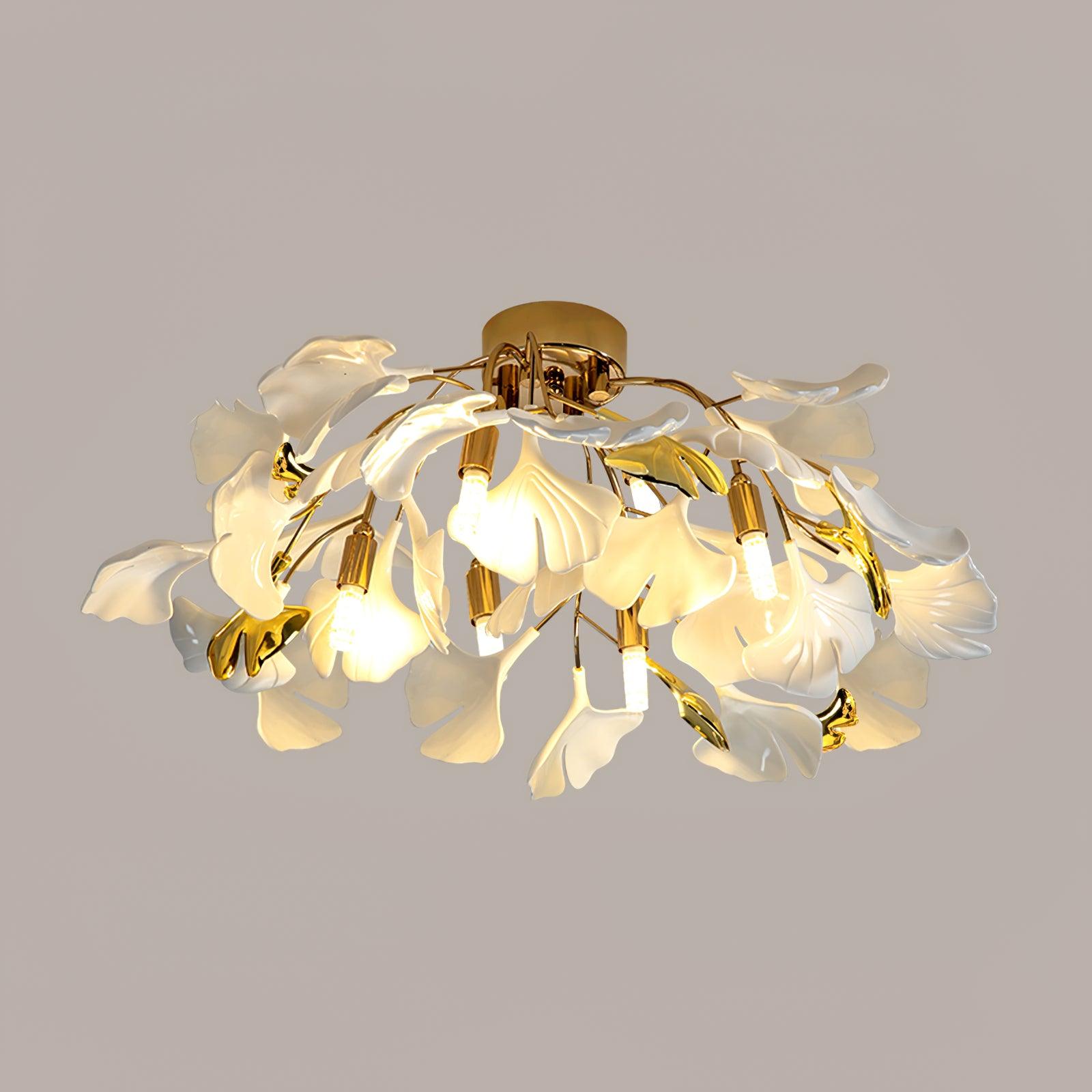 Elegant Gold Ginkgo Leaf Ceiling Lamp with White Ceramic Shades